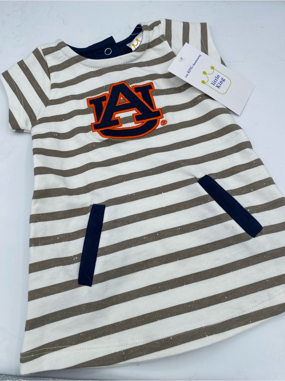Baby Girl Auburn Striped Pocket Dress - Gray, Navy & White
